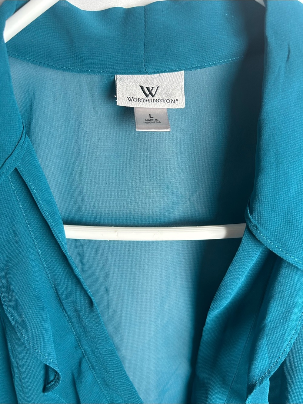 Worthington Teal Ruffle V-Neck Blouse with V neckline - Picture 3 of 10